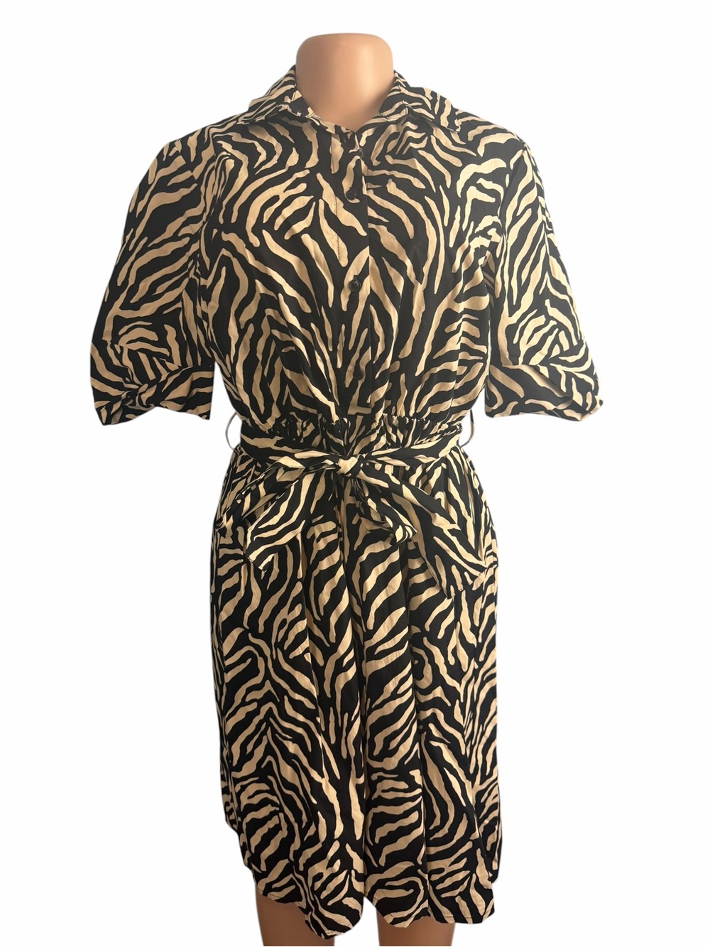 DKNY Elbow Sleeve Collared Neck Button-Front Belted Shirt Dress Zebra Print - Picture 3 of 9